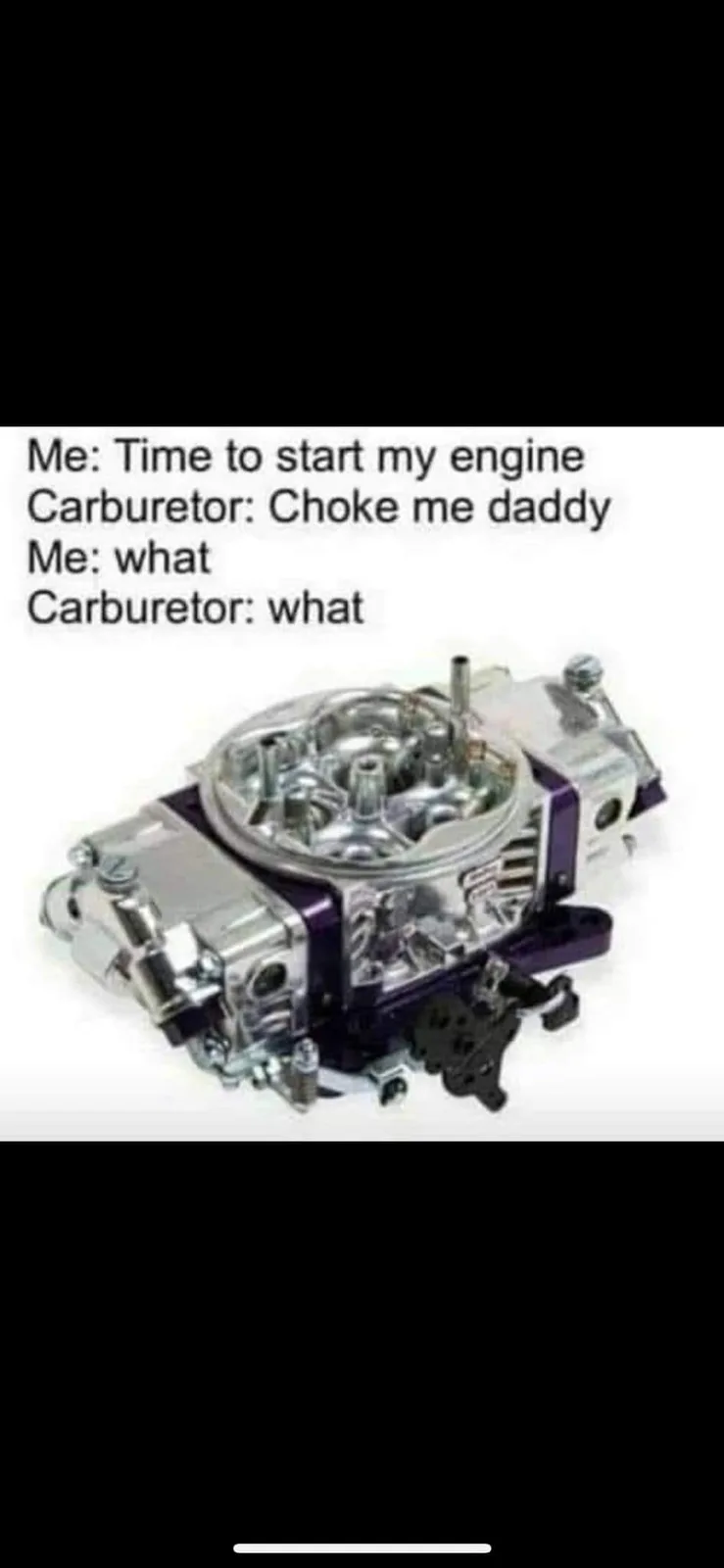 A close-up photograph of a shiny, metallic carburetor with purple accents against a white background. Overlaid text depicts…