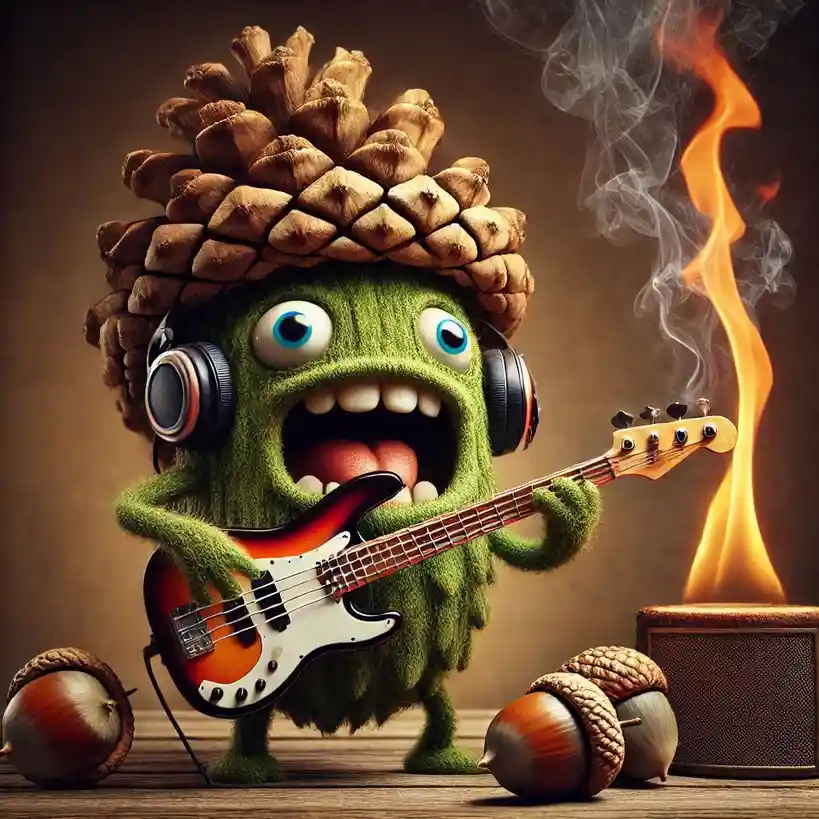 A cartoonish green fuzzy monster with a pinecone on its head and headphones is energetically playing a bass guitar. Flames…