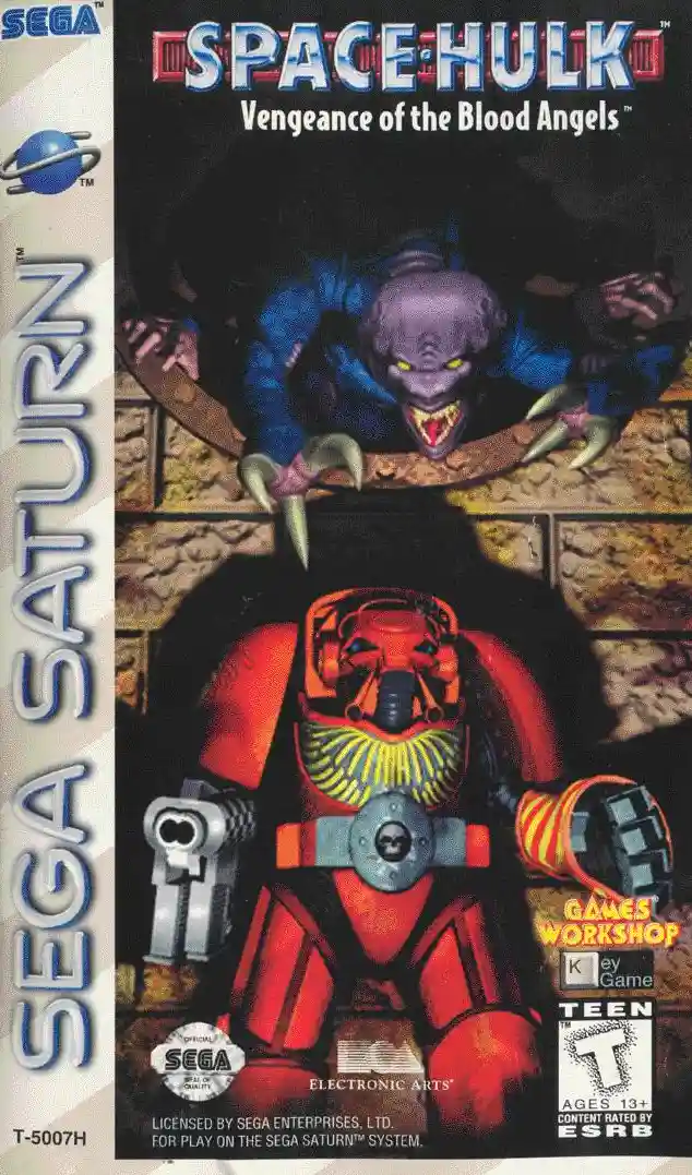 The image is the cover art for the Sega Saturn game 'Space Hulk: Vengeance of the Blood Angels,' featuring a menacing purple…