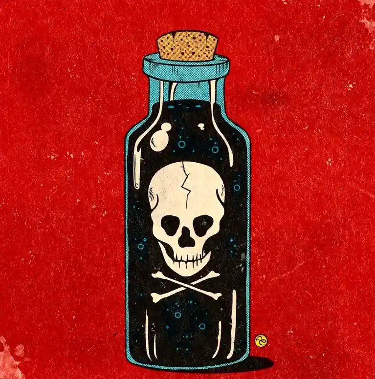 A stylized illustration of a glass bottle with a cork stopper, filled with dark liquid and containing a white skull and…