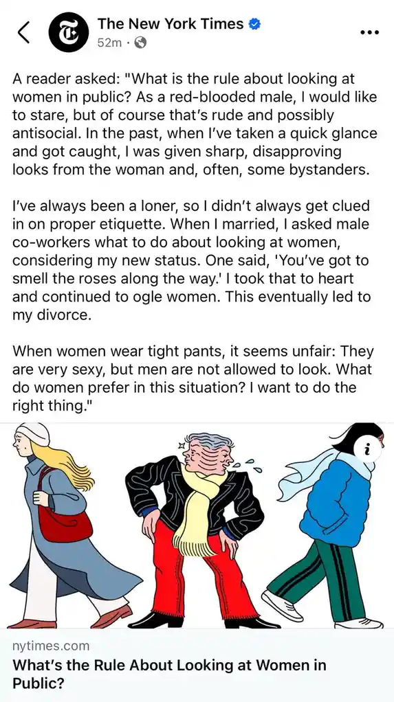 A New York Times article snippet asks about public staring etiquette for men, followed by a cartoon of a man in red pants…