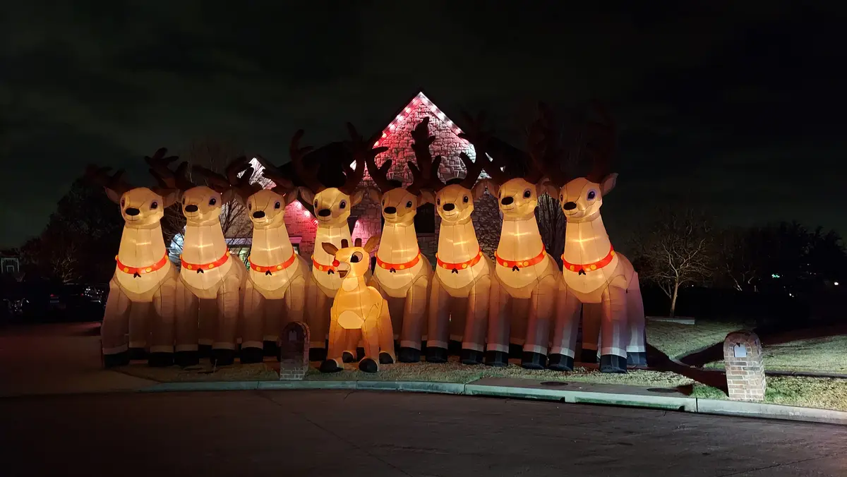 A nighttime photo shows a row of large, illuminated inflatable reindeer decorations standing in front of a house. One…