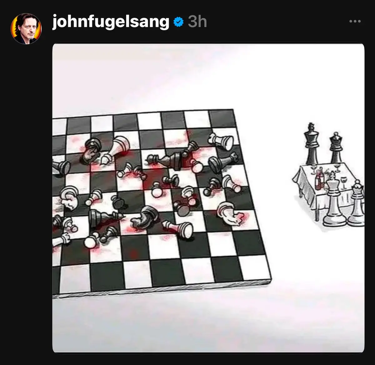 A hand-drawn illustration shows a chessboard with many fallen pieces stained with red, resembling blood, while on the right…