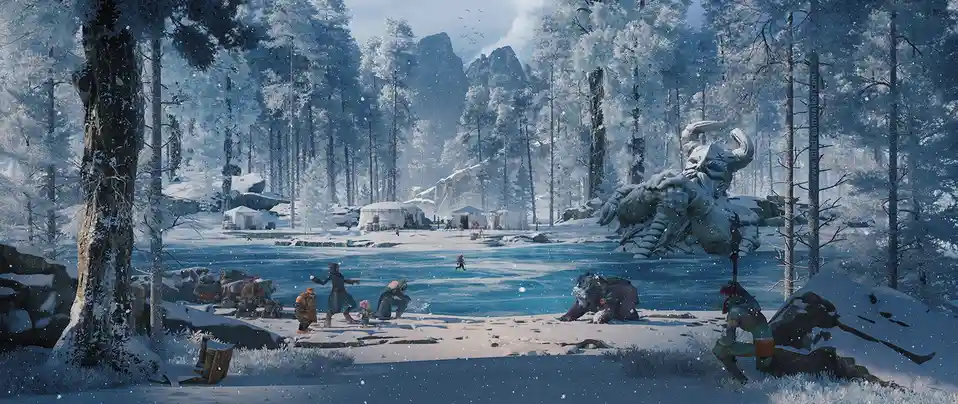 A snowy, fantasy landscape shows a group of characters near a frozen lake, with a large statue and distant tents. Overlaid…