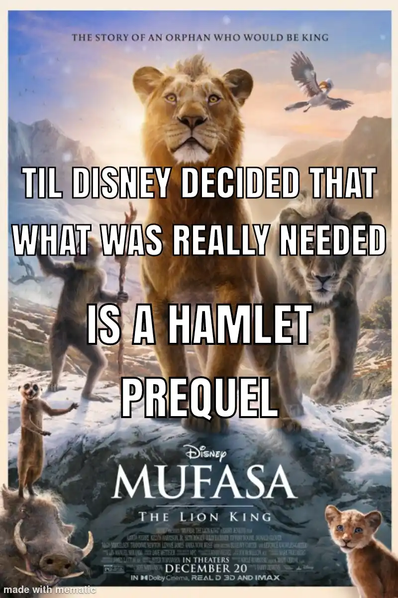 The image is a movie poster for Disney's 'Mufasa: The Lion King,' featuring the adult lion Mufasa in the center, with his…