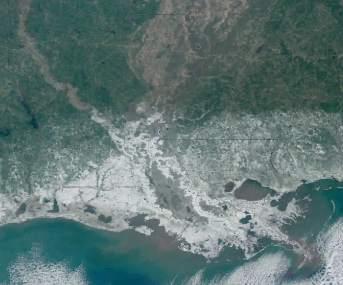 A satellite image shows a large area of the southeastern United States covered in white, resembling snow, but the overlaid…