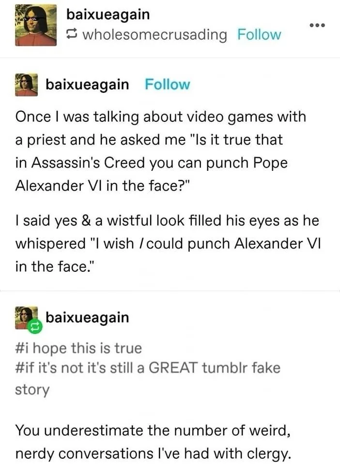 A screenshot of a Tumblr post by 'baixueagain' showing a humorous anecdote about a conversation with a priest who, upon…