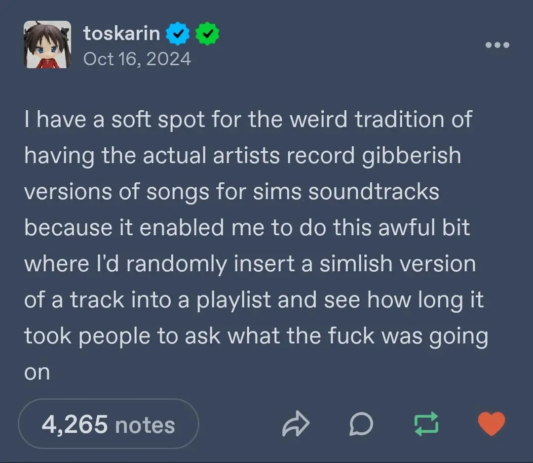 A screenshot of a Tumblr post by user 'toskarin' dated Oct 16, 2024, featuring white text on a dark blue background. The…