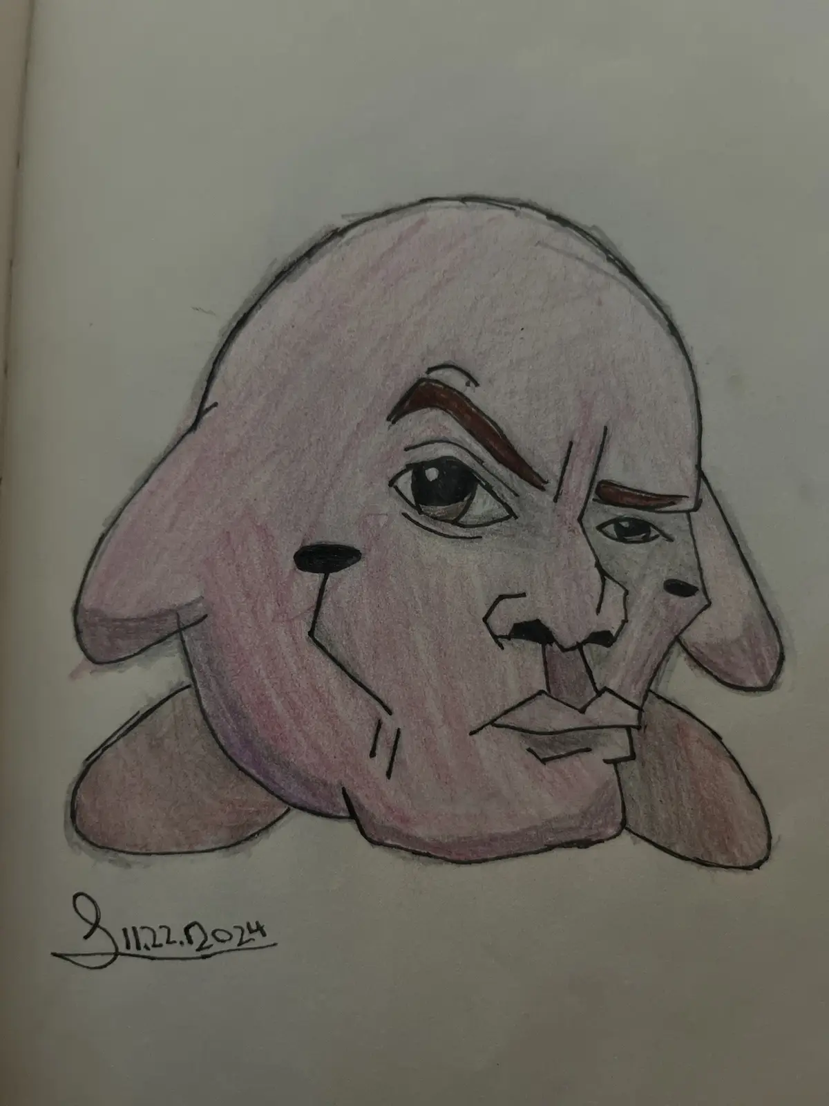 A hand-drawn colored pencil sketch on paper shows a stylized, pink, dog-like creature with large floppy ears, a human-like…