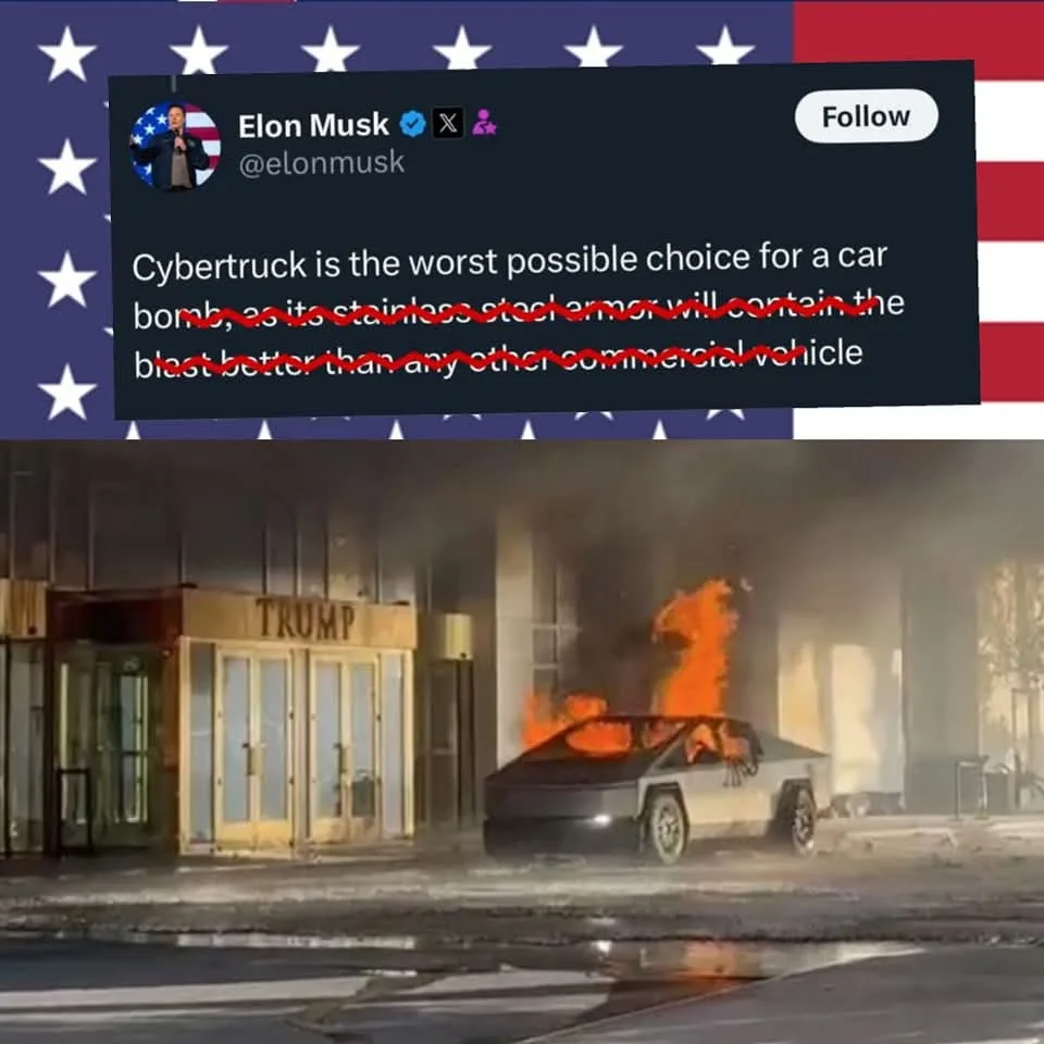 A screenshot of a tweet from Elon Musk, whose text is crossed out in red, is overlaid on an image of a burning Tesla…