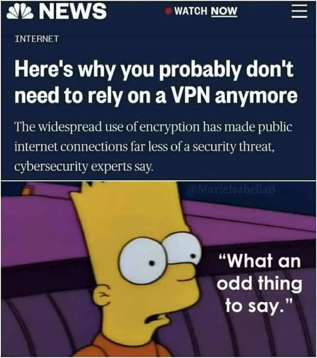 The image displays a screenshot of an NBC News article headline stating 'Here's why you probably don't need to rely on a VPN…