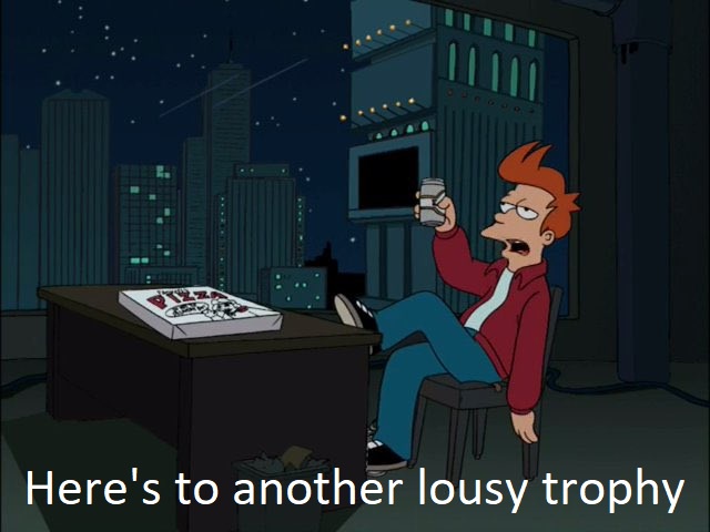 A cartoon man with spiky red hair sits at a desk in a nighttime cityscape, holding a drink and looking at a pizza box on the…