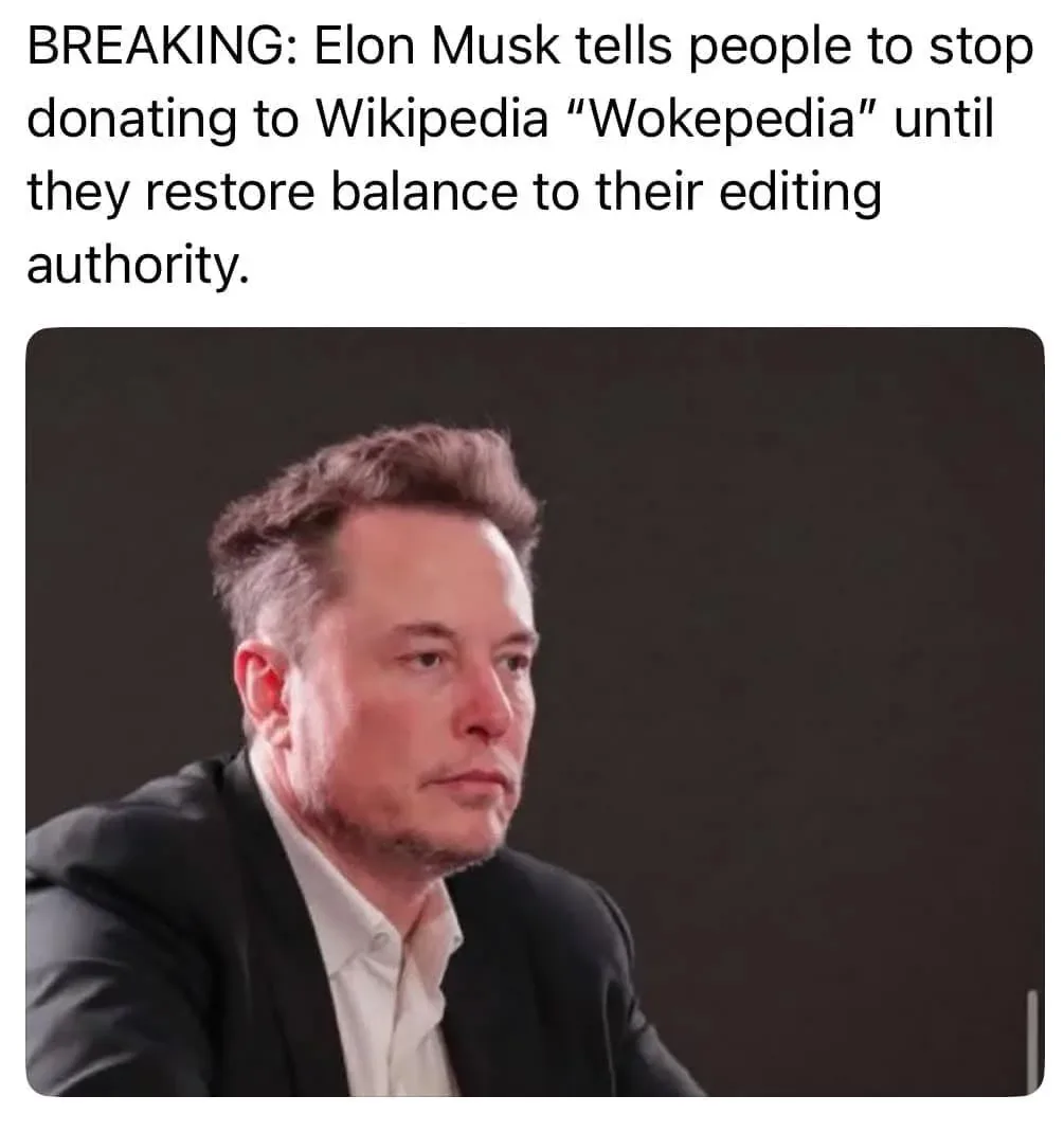 A still image of Elon Musk looking serious and slightly to the side, overlaid with text claiming he told people to stop…