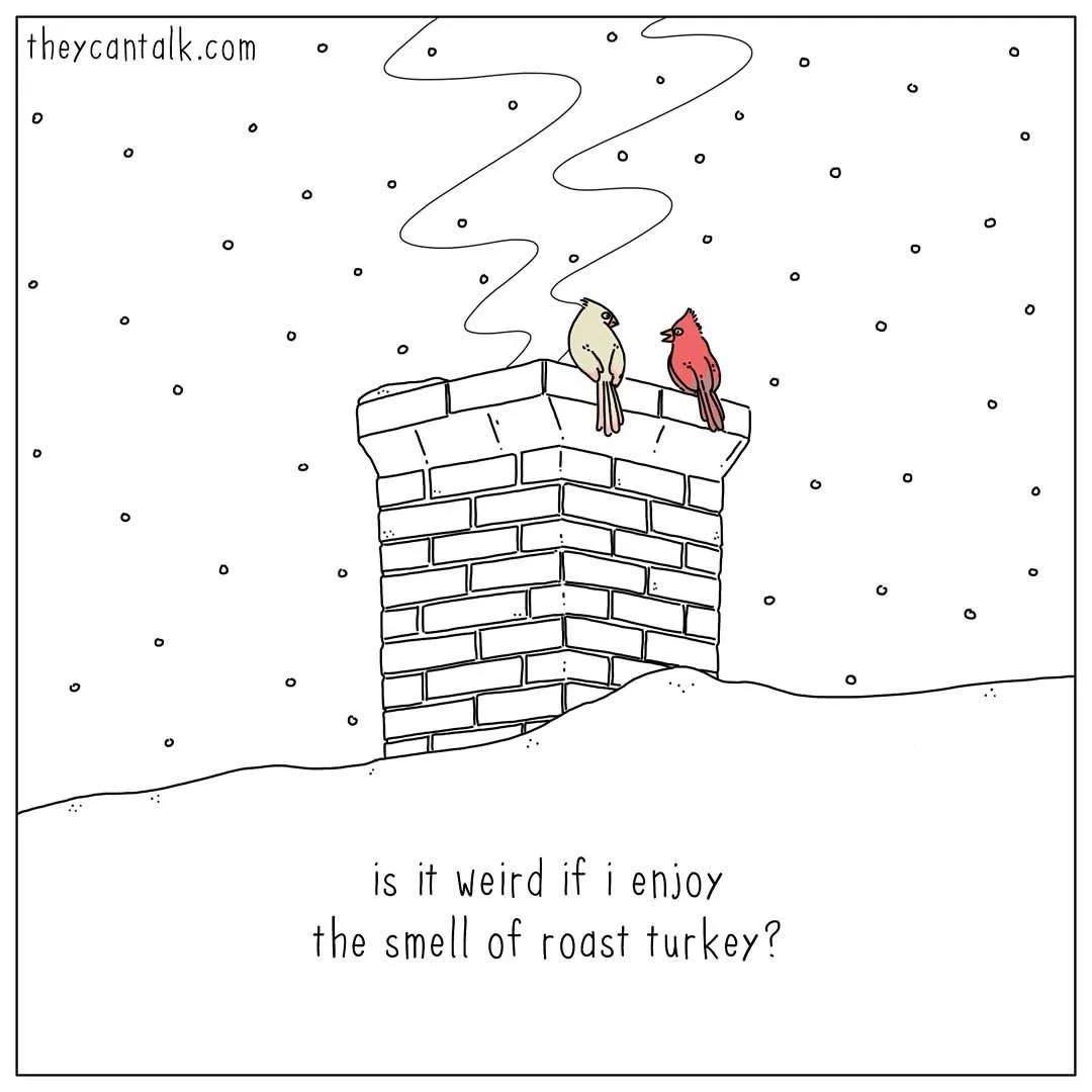 Two birds, one red cardinal and one pale bird, perch atop a brick chimney in a snowy scene with smoke rising. The text at…
