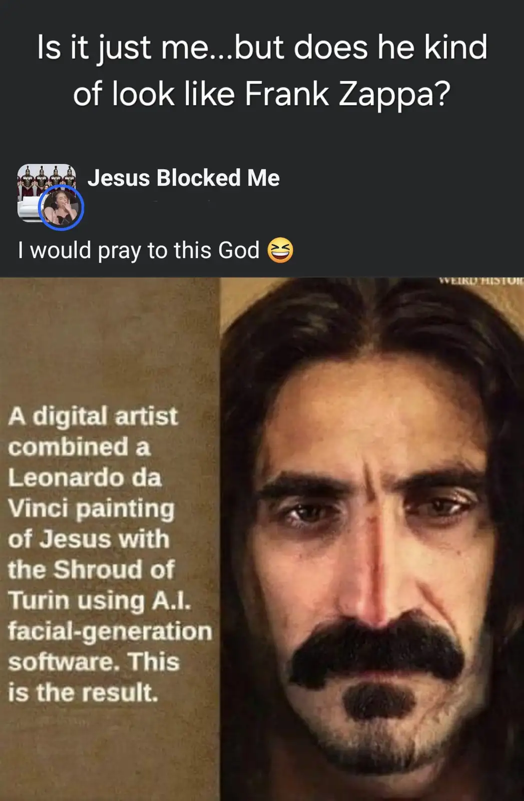 The image shows a digitally altered portrait of Jesus with long dark hair, a prominent mustache, and a goatee, resembling…