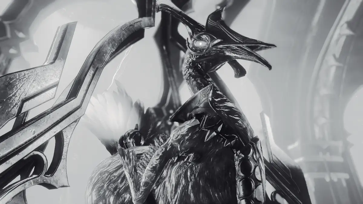 A black-and-white image shows a stylized, armored bird-like creature with a glowing eye, holding a large ornate weapon. The…