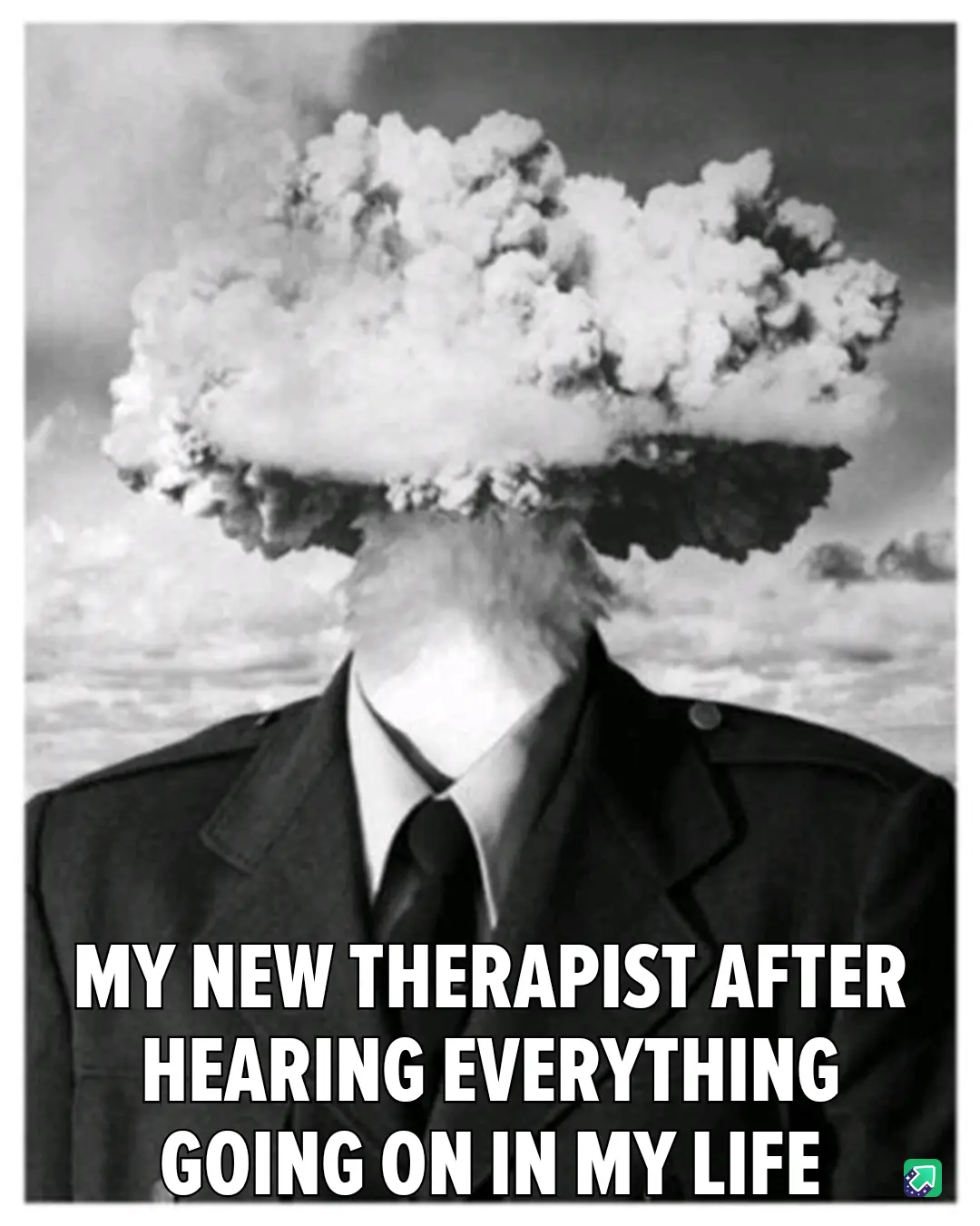 A black-and-white image shows a person in a suit and tie with a mushroom cloud explosion replacing their head. The text…