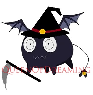 A cartoonish black bat-like creature with large white eyes, wearing a pointed witch's hat with a red band and yellow buckle…