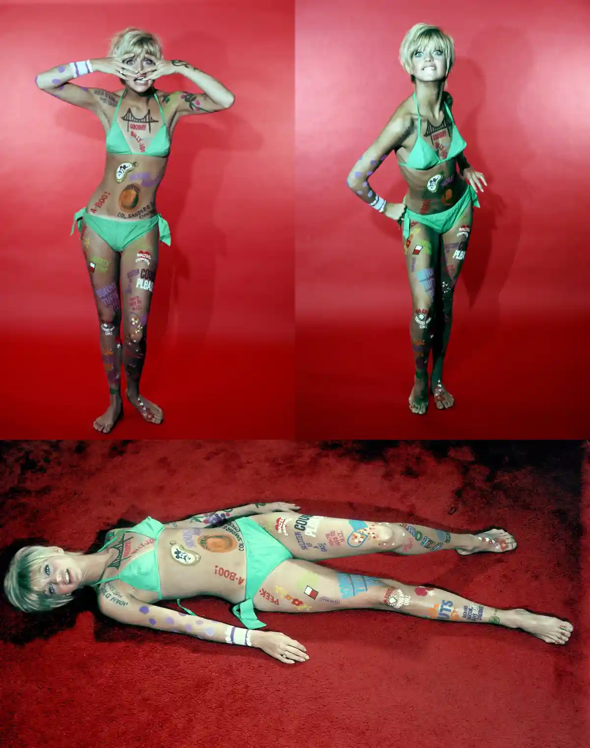 A woman in a green bikini is photographed in three poses against a red background, her entire body covered in colorful…