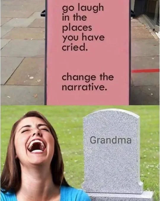 The image is split: top half shows a pink sign with black text reading 'go laugh in the places you have cried. change the…
