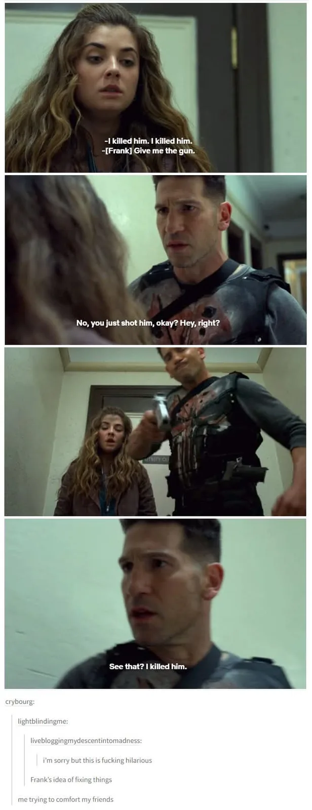 A four-panel meme from the TV show 'The Punisher' showing a woman claiming she killed someone, a man named Frank demanding…