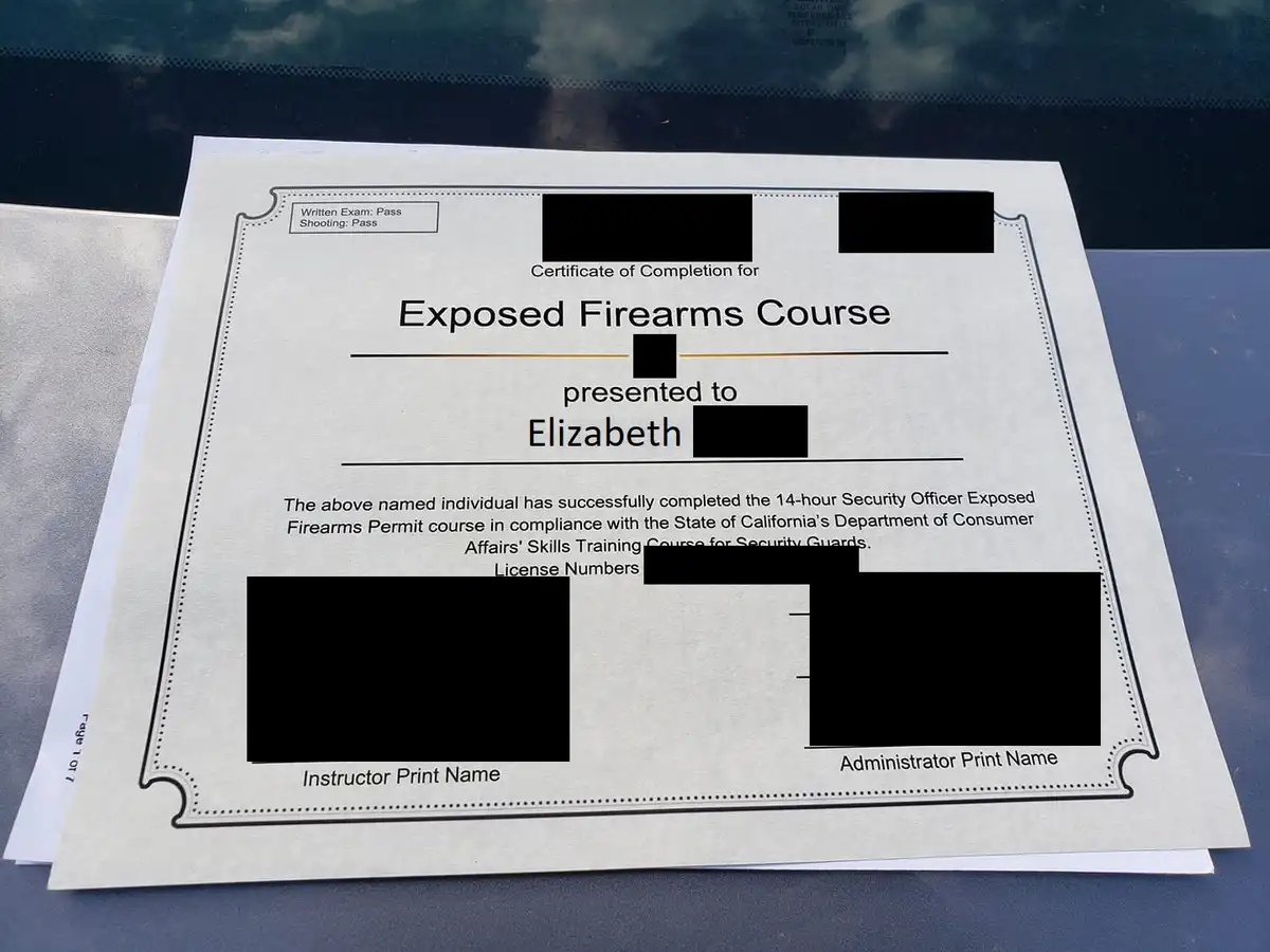 A certificate of completion for an 'Exposed Firearms Course' is shown, with the recipient's name partially redacted. The…