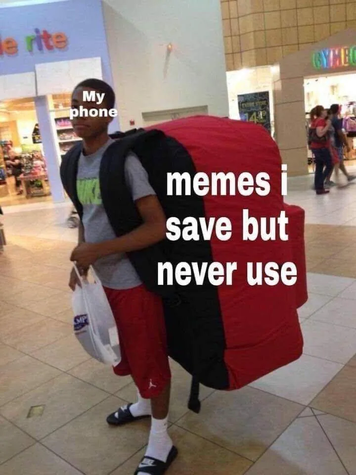 A young man in a mall carries an oversized red and black backpack that visually represents his phone, which is labeled 'My…