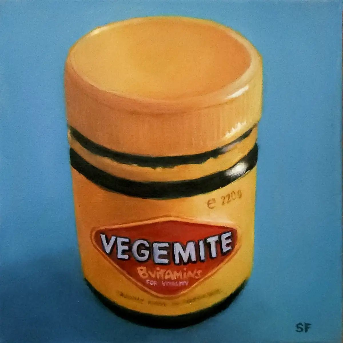 A painting of a yellow Vegemite jar with a black band and red label against a solid blue background. The label clearly reads…