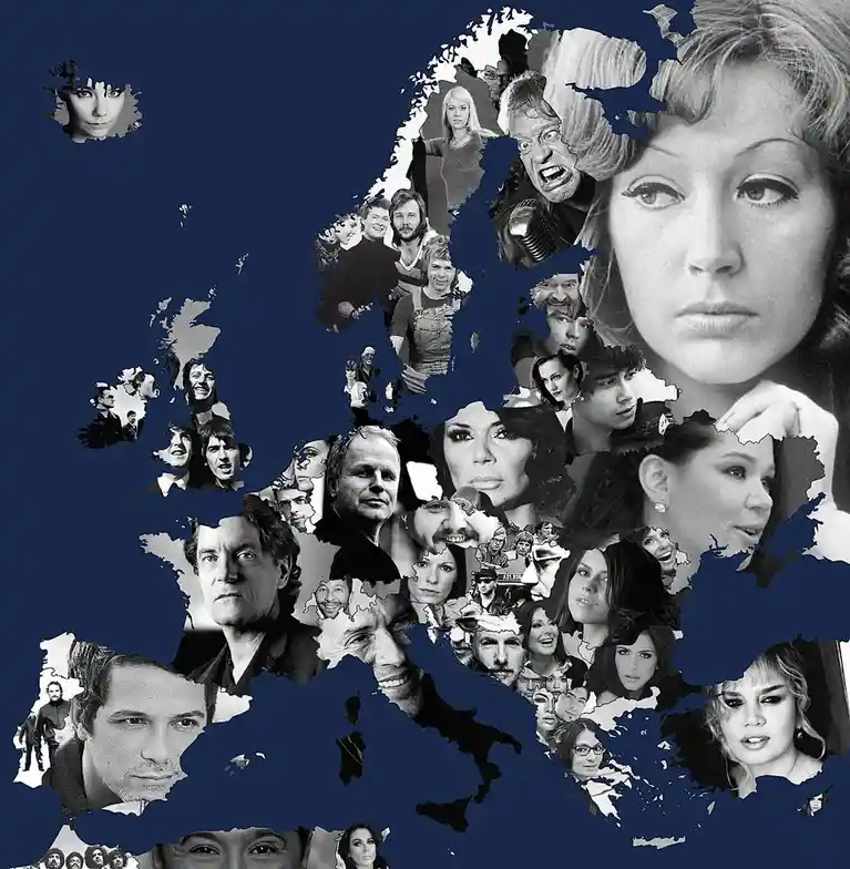 A black-and-white collage maps Europe's countries with cutouts of various famous people's faces, including musicians…