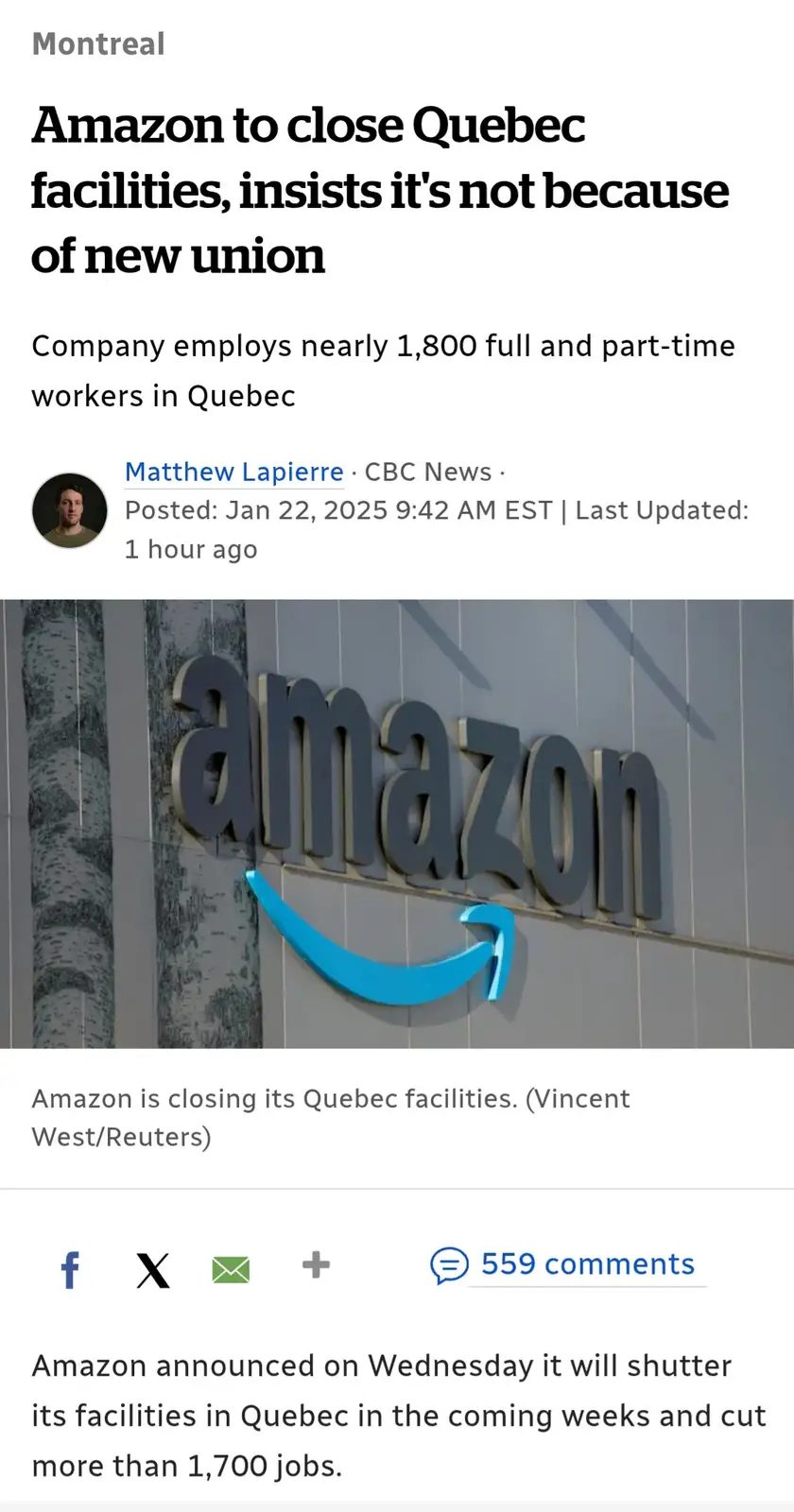 A screenshot of a CBC News article from Montreal about Amazon closing its Quebec facilities, with the headline overlaid on a…