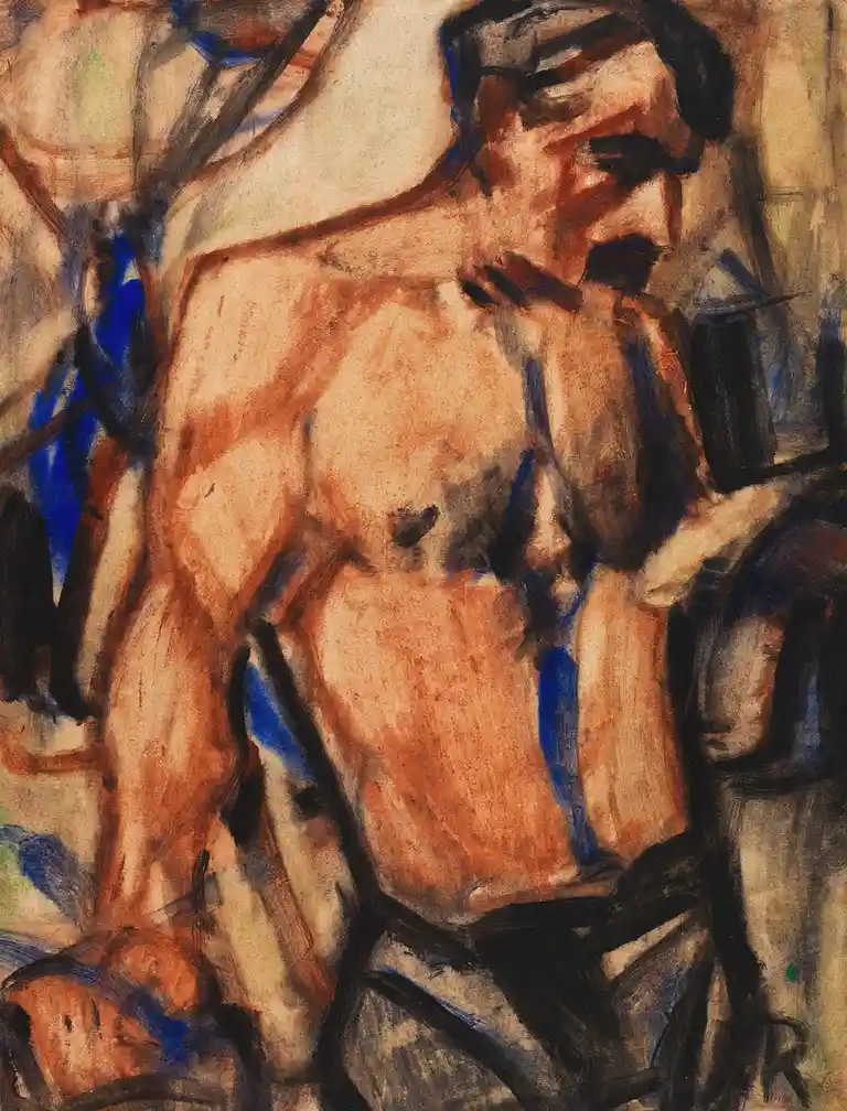 An abstract expressionist painting depicts a shirtless, muscular man with a stern expression, rendered in earthy tones and…