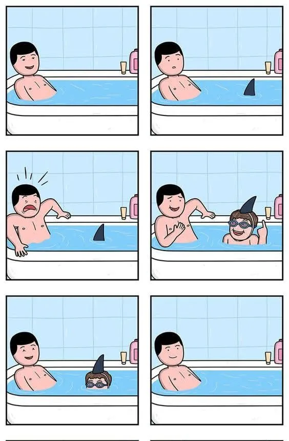 A six-panel comic strip shows a man relaxing in a bathtub. A shark fin appears, startling him. He then sees a child wearing…