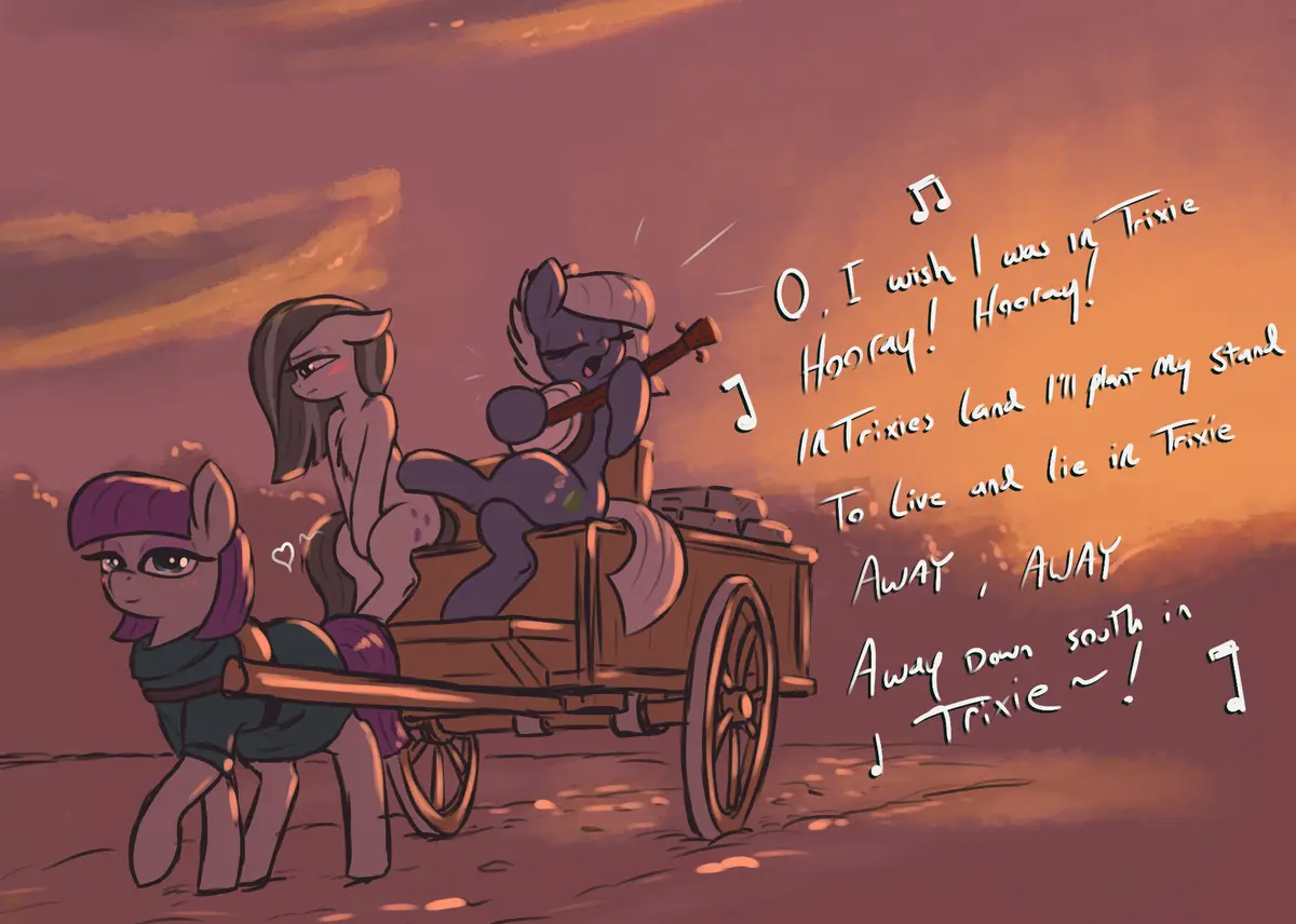 A cartoon pony with purple hair and a purple hat pulls a wooden cart across a dusty field under a sunset sky. Inside the…