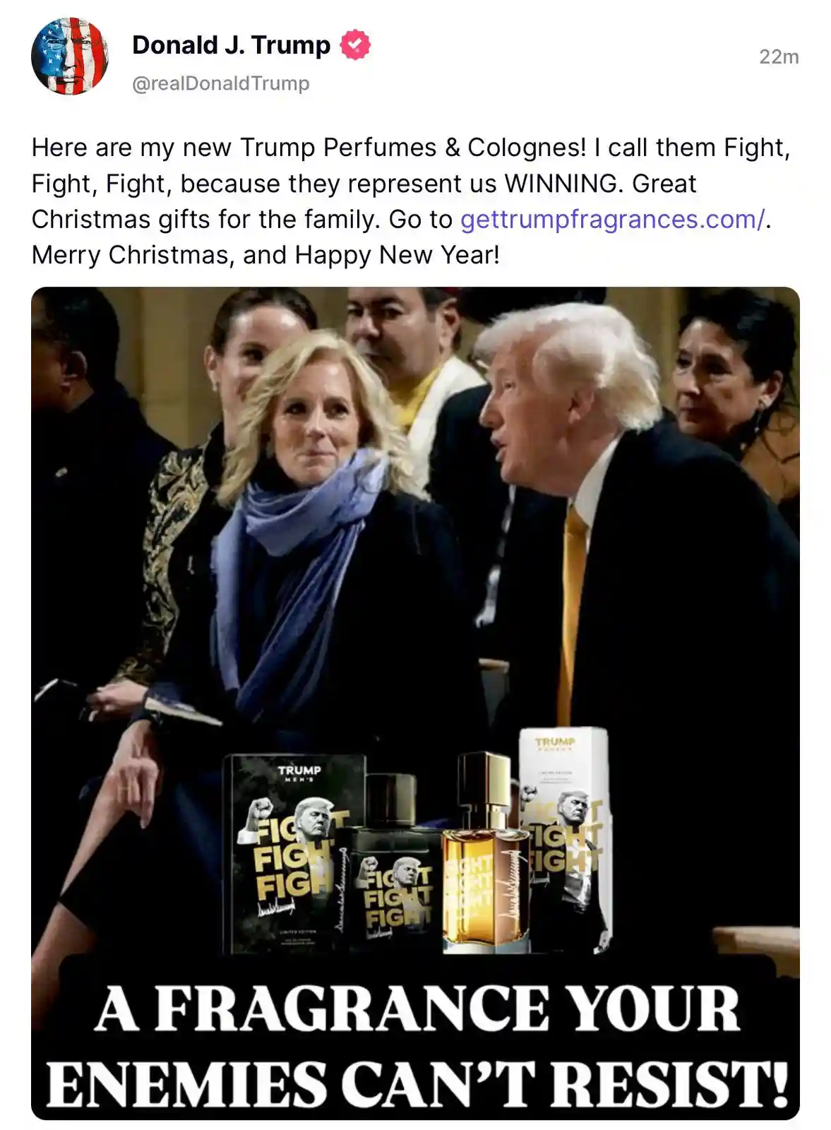 A screenshot of a tweet from Donald J. Trump's verified account promoting 'Trump Perfumes & Colognes' named 'Fight, Fight…