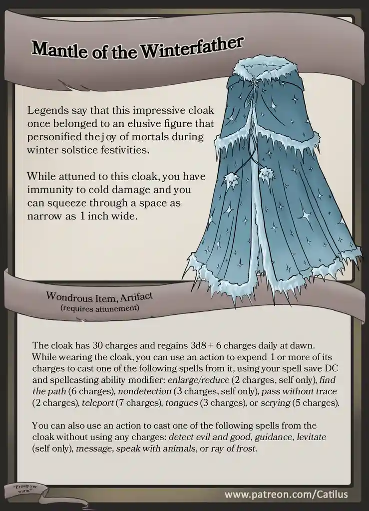 An illustrated fantasy item card for the 'Mantle of the Winterfather,' a blue, icy cloak with frosty trim and star patterns…