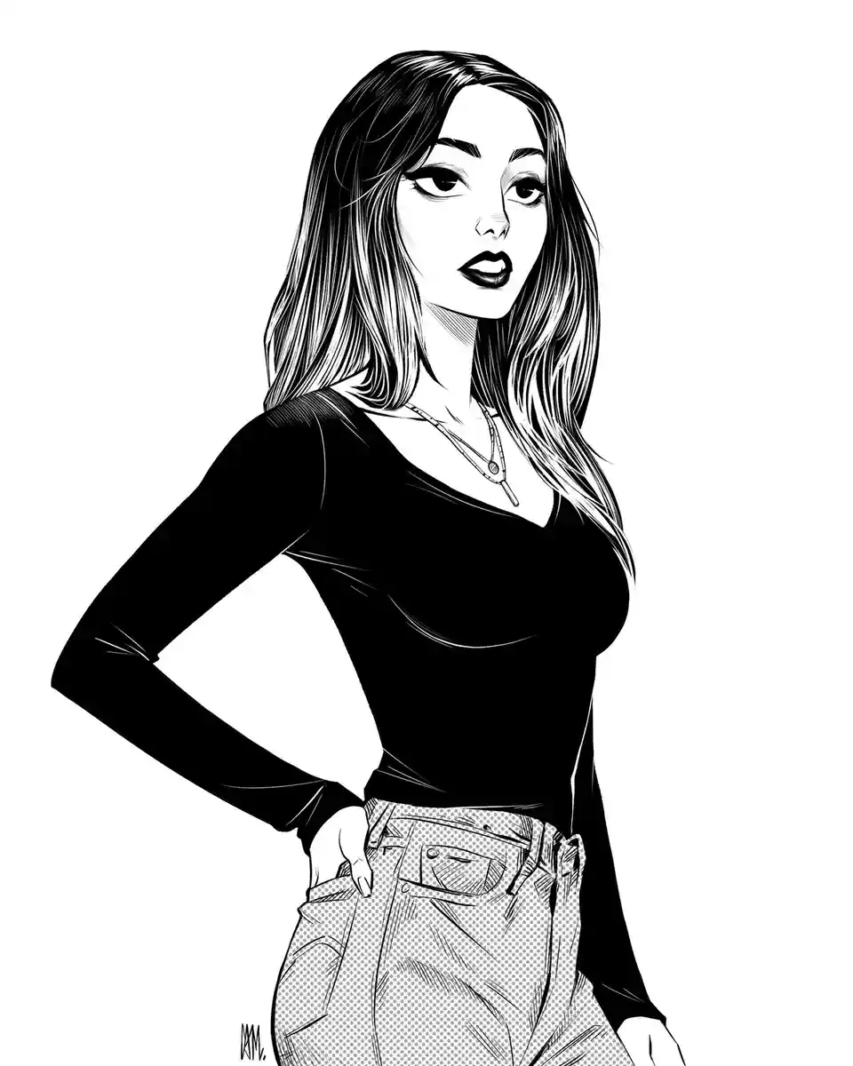 A black-and-white comic-style illustration of a woman with long hair, wearing a black long-sleeved top and patterned pants…