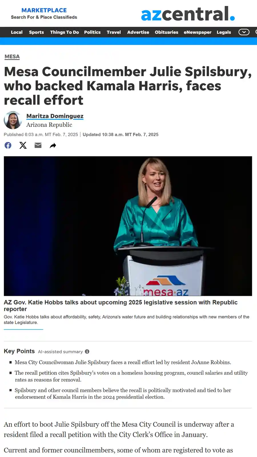 A screenshot of an AZ Central news article shows a photo of Julie Spilsbury speaking at a podium with a 'mesa.az' logo. The…