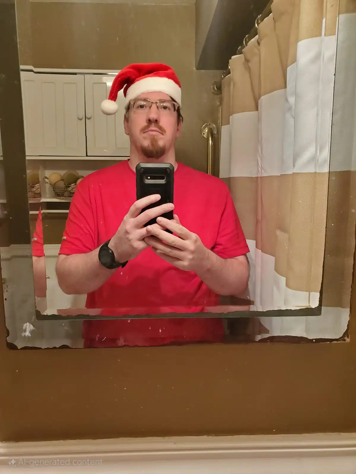 A man with glasses and a goatee wearing a red Santa hat and a red t-shirt takes a mirror selfie in a bathroom, holding a…