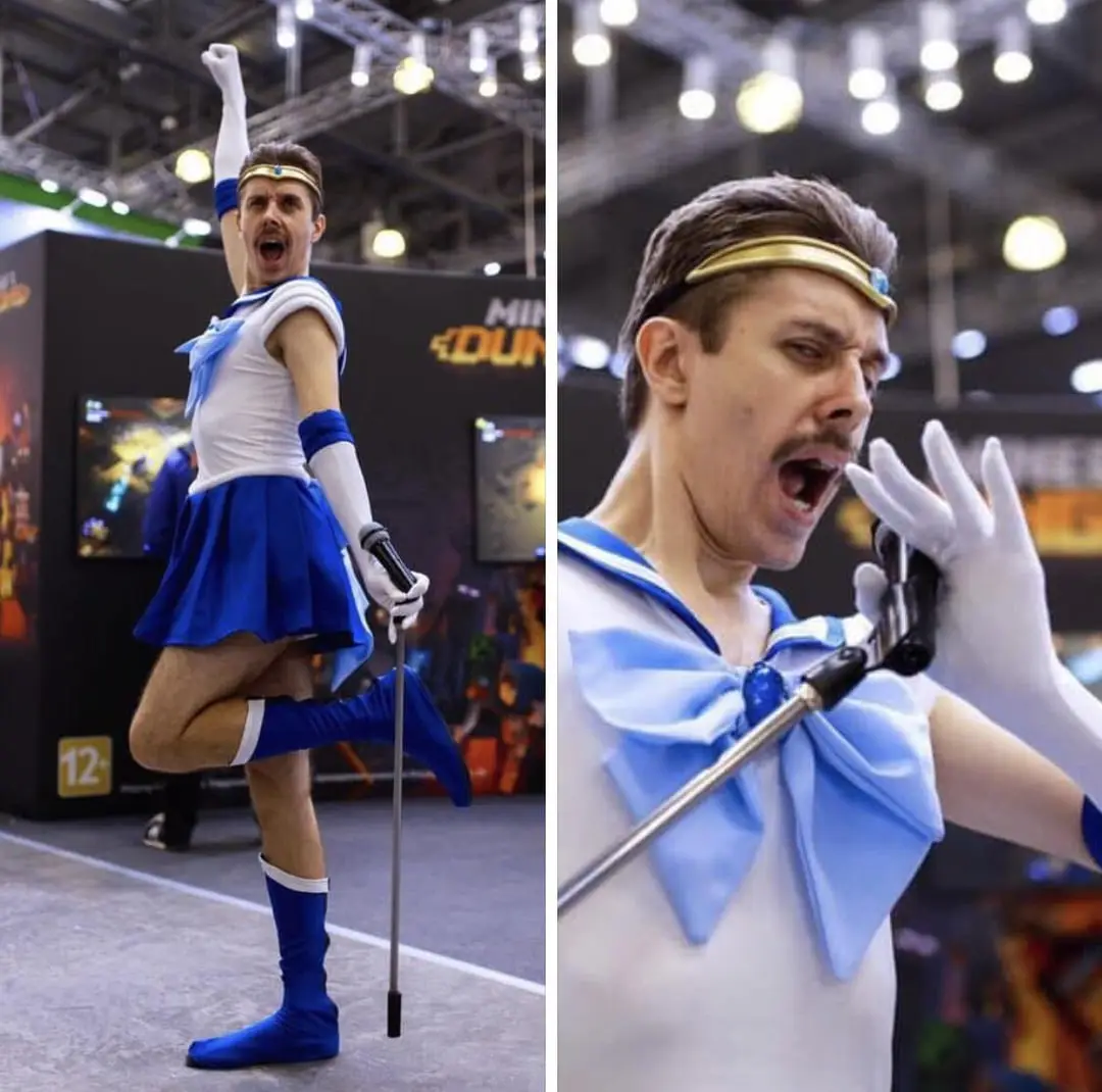 A split image shows a man in a Sailor Moon cosplay, first posing energetically with one leg kicked up and arm raised, then…