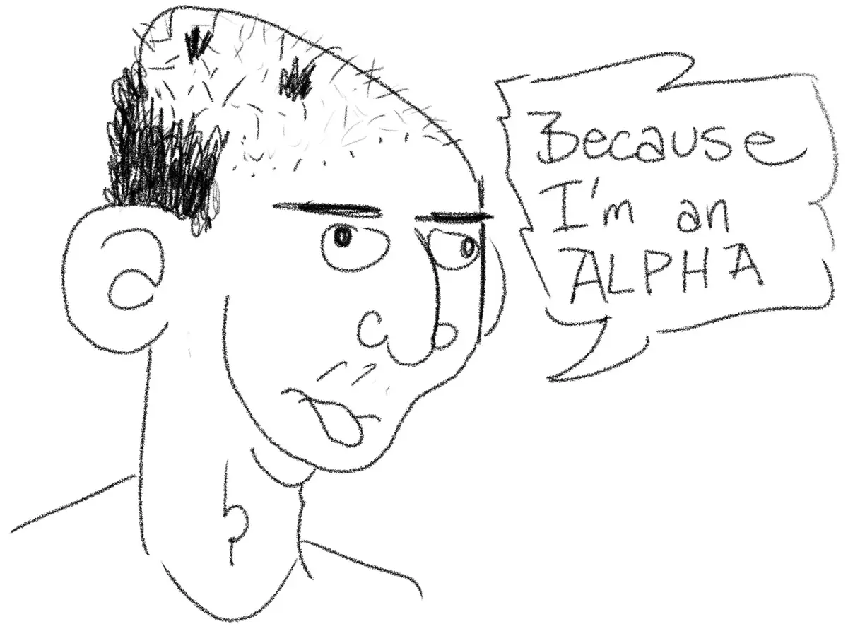 A simple black-and-white sketch shows a man with a slightly smug or self-assured expression, looking to the side. He has…