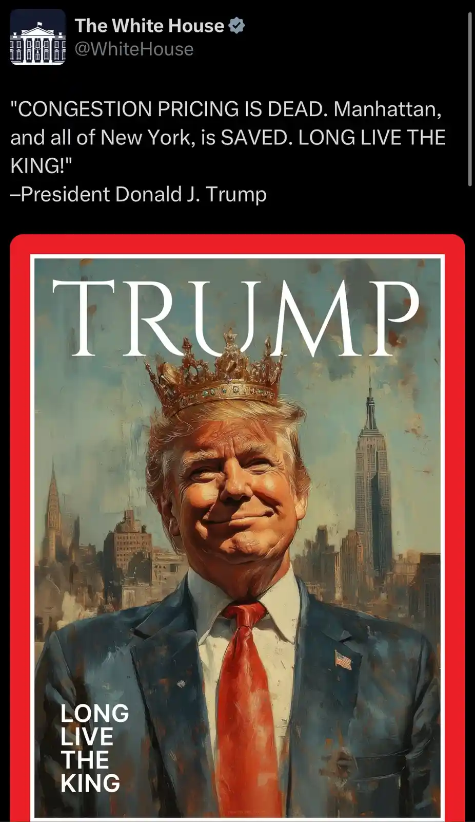 A digitally altered image mimicking a magazine cover shows Donald Trump wearing a golden crown, smiling, against a New York…