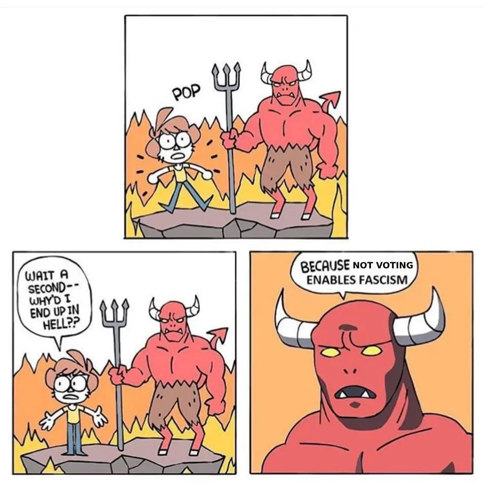 A three-panel comic strip shows a cartoon character arriving in hell, startled by a red-skinned devil holding a trident. In…