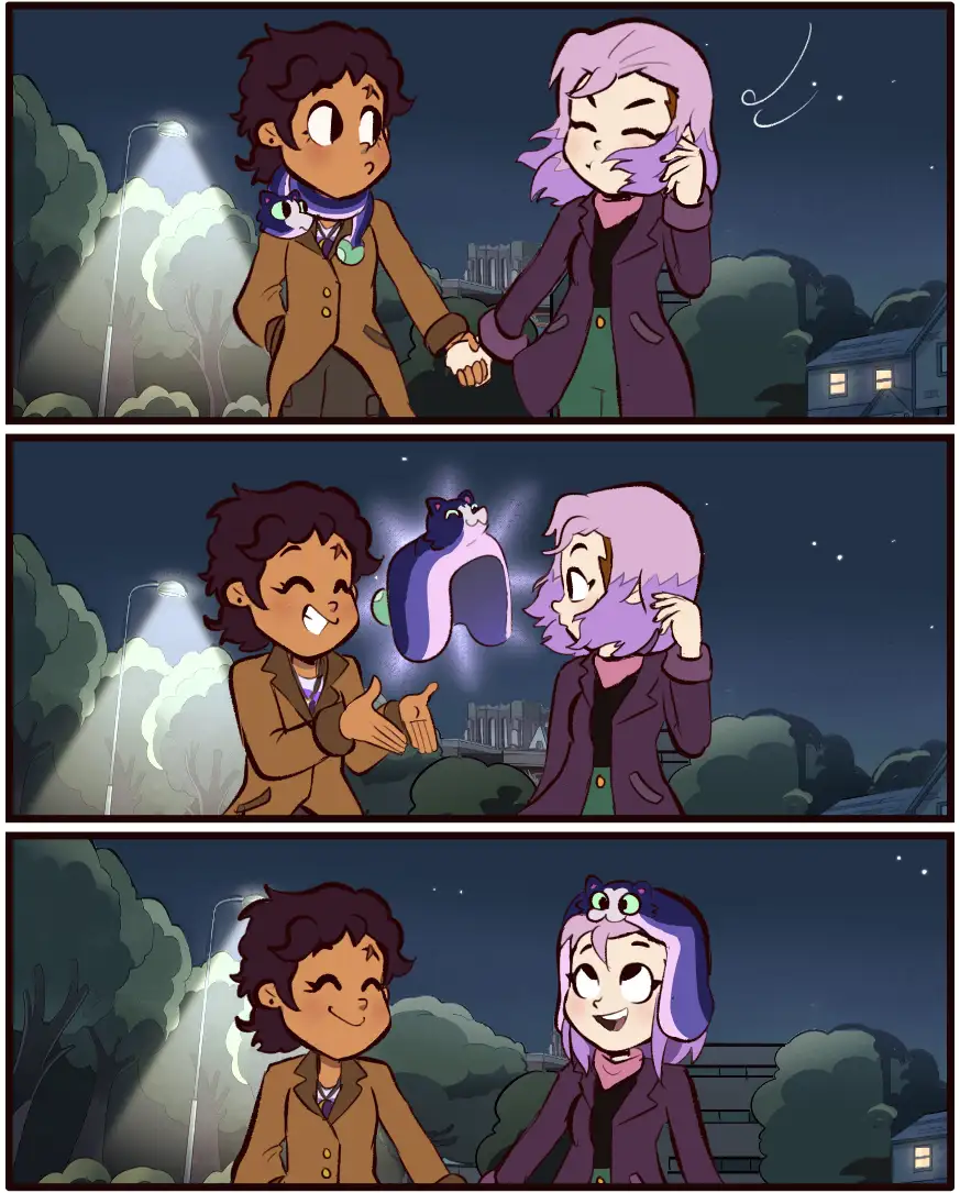 A three-panel comic strip shows two cartoon characters walking at night. In the first panel, the male character nervously…