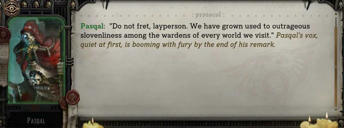 A screenshot from a video game displays a dialogue box with a character named Pasqal, who is depicted as a heavily armored…