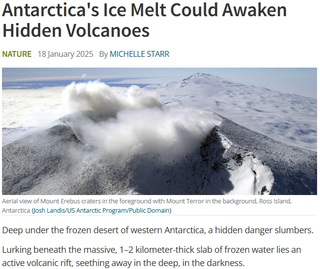 A news article screenshot from Nature dated January 18, 2025, features a photo of snow-covered Mount Erebus erupting with…