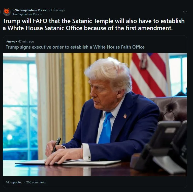 A screenshot of a Reddit post shows Donald Trump seated at a desk in the Oval Office, signing a document. The image is…
