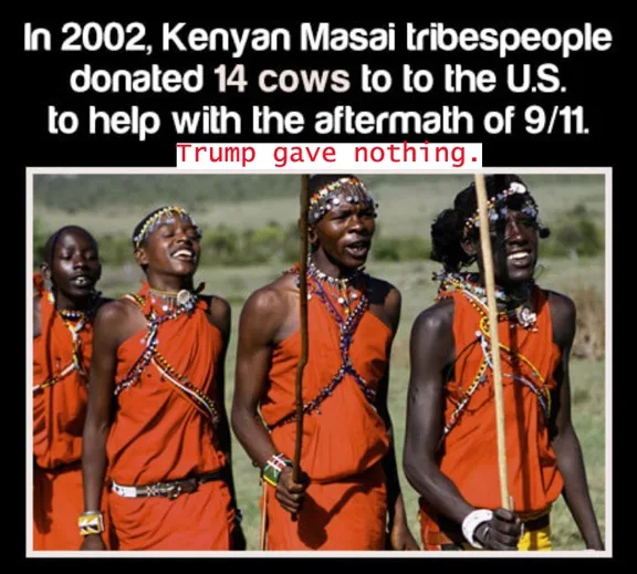 Four Kenyan Masai men in traditional orange shukas and beaded jewelry stand outdoors, smiling and holding spears. Overlaid…