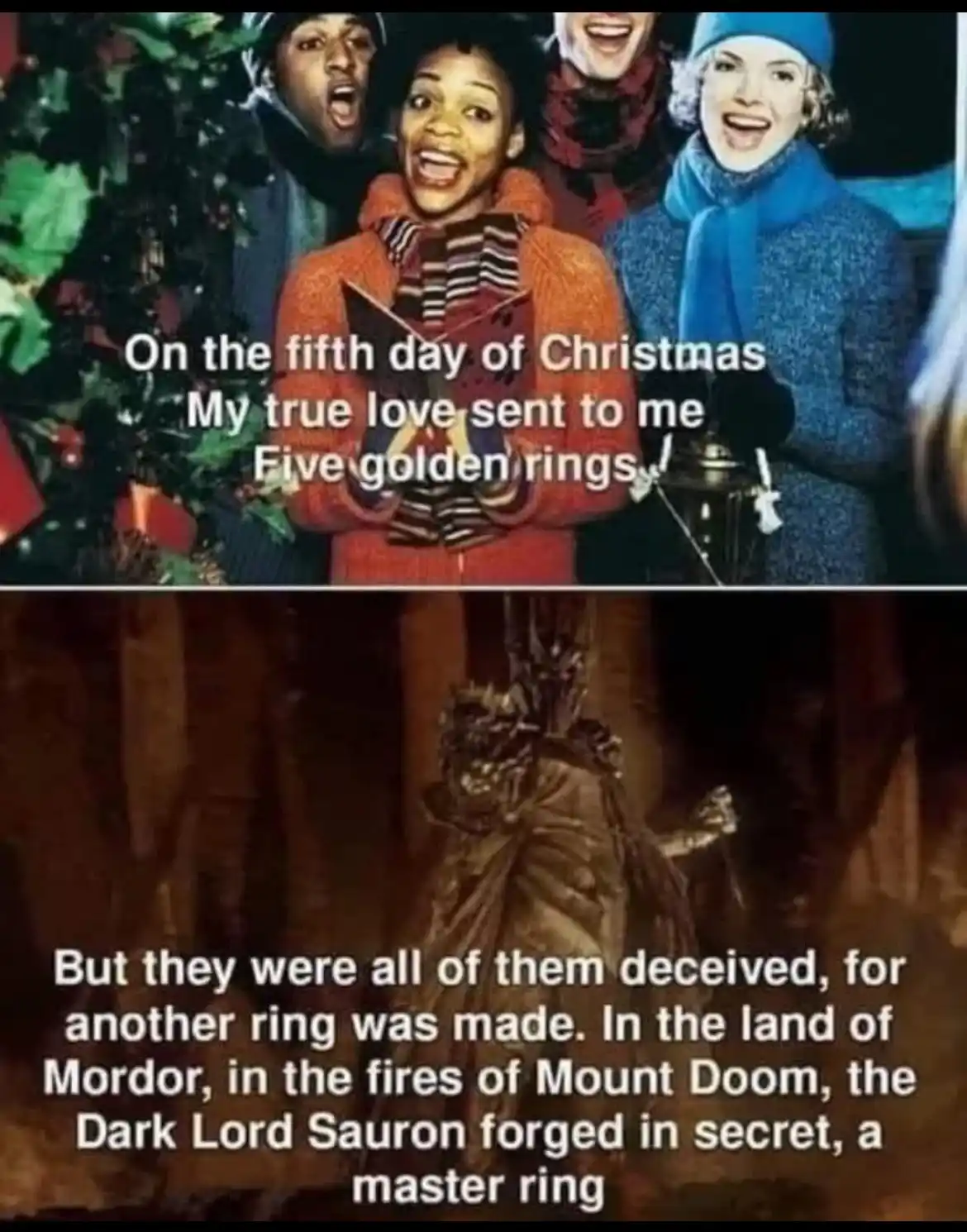 The top panel shows four people in festive winter clothes singing near a Christmas tree, with text overlaying them quoting…