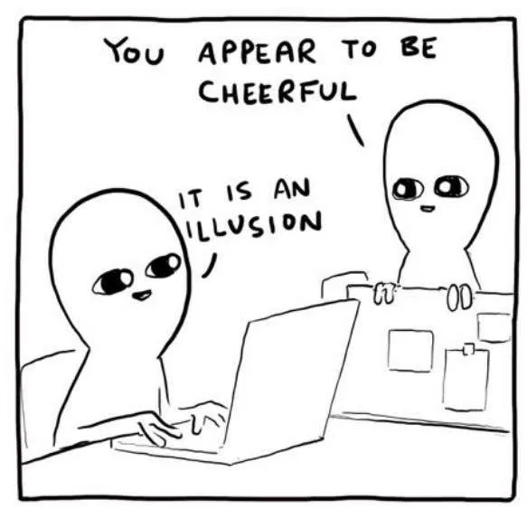 A black-and-white cartoon depicts two simple, featureless alien-like figures at a desk. The figure on the left, typing on a…