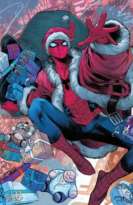 A comic book illustration shows Spider-Man dressed as Santa Claus, wearing a red hat with white fur trim and a matching red…